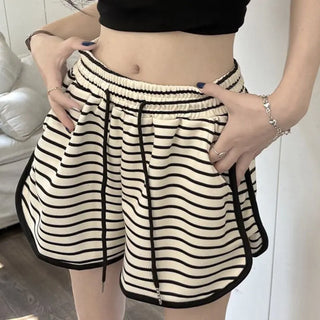 Women's Versatile Casual High Waist Striped Elastic Waist Shorts Phosgene