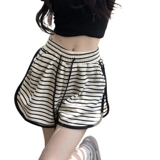 Women's Versatile Casual High Waist Striped Elastic Waist Shorts Phosgene