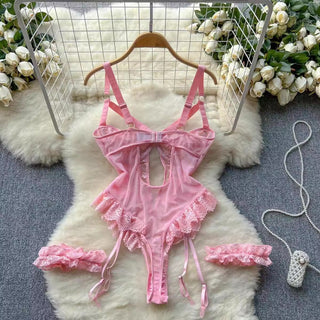 Lace Lace Lace Garter Split See-through Strappy Low-cut Hollow High Fork Jumpsuit - Phosgene