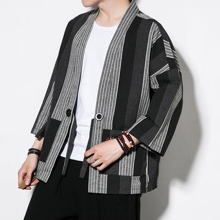 Chinese Style Summer Men's Striped Cotton Linen Vintage Cardigan Phosgene