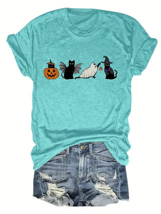 Halloween Black Cat And Pumpkin Printed Round Neck Short Sleeve - Phosgene