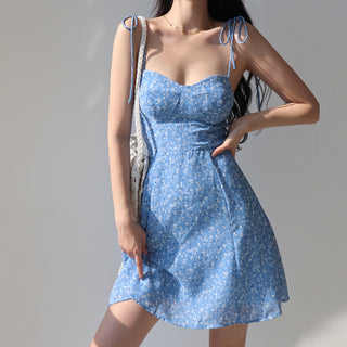 Retro Girl Blue Laced Floral Strap Dress A- Line Vacation Style Phosgene