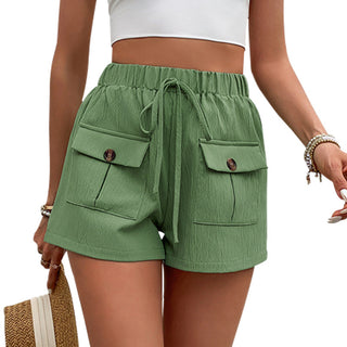 Women's Double Pocket Casual Elastic Waist Lace-up Shorts - Phosgene