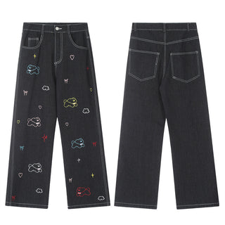 Puppy Embroidered Printed Denim Trousers Men Phosgene