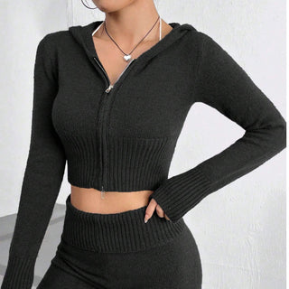 New Zipper Hooded Top Low Waist Bell-bottom Pants Two-piece Set - Phosgene