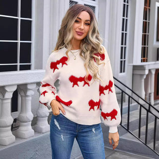 Women's Round-collar Long-sleeve Knitwear Bow Sweater - Phosgene