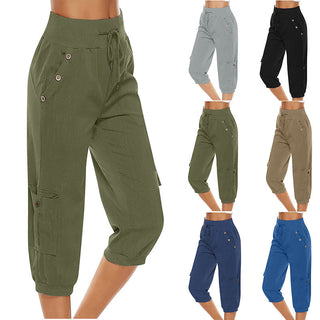 Women's Cropped Pants Cotton Linen Cargo Pocket Casual Pants - Phosgene