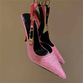 Women's Rhinestone Pointed Toe Strap Decorative High Heels - Phosgene