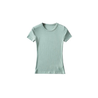 Basic Style Round Neck Tight Stretch Solid Color Short Sleeve T-shirt Top - Phosgene