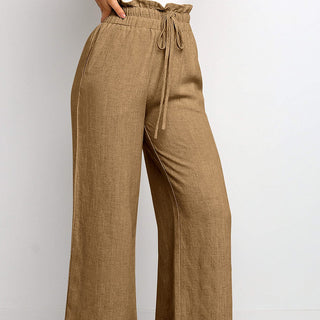 Elastic Waistband Lace-up Wide Leg Pants Solid Color Cropped Pants Phosgene