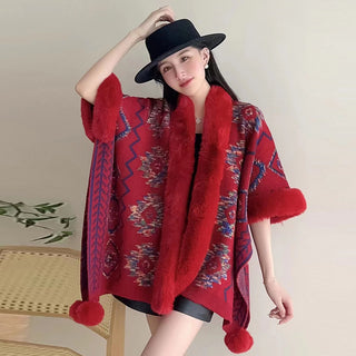 Ethnic Style Fur Ball Shawl Cape Cloak - Phosgene