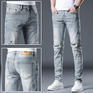 New Patch Ripped Jeans Men's Stretch Phosgene