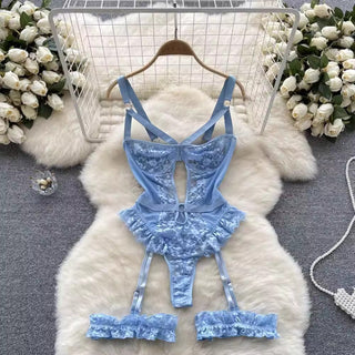 Lace Lace Lace Garter Split See-through Strappy Low-cut Hollow High Fork Jumpsuit - Phosgene