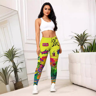 Yellow Cartoon Printed Sports Slim-fitting Leggings - Phosgene