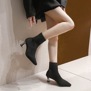 Knitted Sock Boots Women's Plus Size Short Pointed Chunky Heel - Phosgene