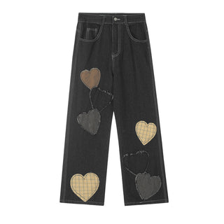 Contrast Color Love Patch Denim Straight-leg Trousers Men Phosgene