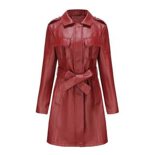 New European And American-style Mid-length Leather Coat With Belt Fashion British Coat For Women - Phosgene