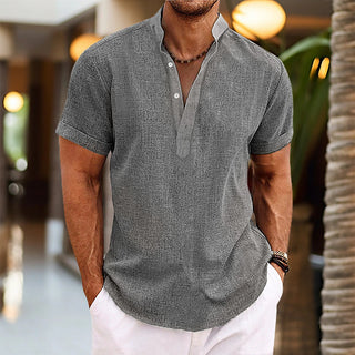 Stand Collar Men's Half Cardigan Cotton And Linen Short Sleeve Shirt Phosgene