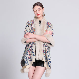 Ethnic Style Fur Ball Shawl Cape Cloak - Phosgene