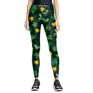 Digital Printed Green Leaf Elastic Slim Fit Running Pants Yoga Pants - Phosgene