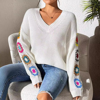 Autumn And Winter Crochet Stitching V-neck Pullover Sweater - Phosgene