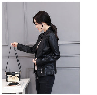 New Spring And Autumn Korean Style Motorcycle Stand-up Collar Slim Fit Slimming Leather Coat - Phosgene