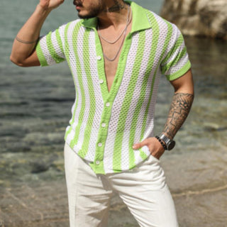 New Men's Casual Loose Striped Cardigan Polo Shirt Short Sleeve Phosgene