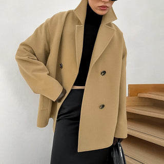 Autumn And Winter Elegant Woolen Overcoat Mid-length Loose Thick Brown Double-breasted Woolen Coat - Phosgene