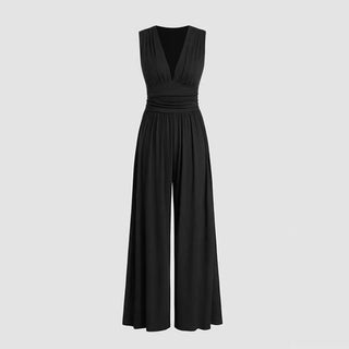 Women's Deep V-neck Pleated Stretch Body Shaping Wide Leg Jumpsuit - Phosgene