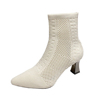 Knitted Sock Boots Women's Plus Size Short Pointed Chunky Heel - Phosgene