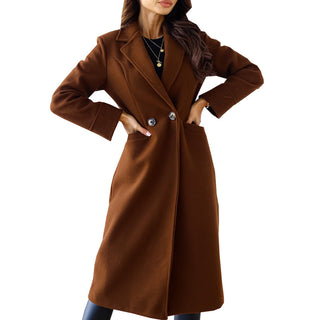 Women's Simple Double Breasted Long Sleeve Turn-down Collar Coat - Phosgene