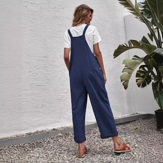 Fashion Solid Color Loose Pockets Wide Leg Jumpsuit - Phosgene