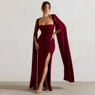 Square Collar Mop Long Sleeve High Slit Solid Color Dress - Phosgene