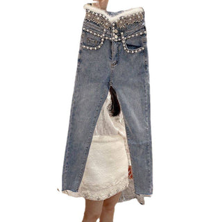 High Rise Single Breasted Jeans With Beads And Wool Stitching - Phosgene