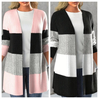 Women's Casual Long Coat With Contrasting Color Pit Stripe And Open Collar - Phosgene