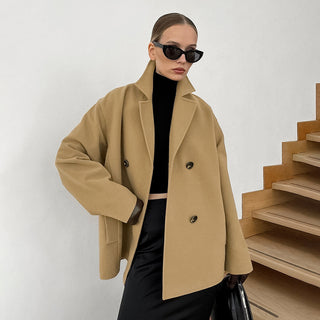 Autumn And Winter Elegant Woolen Overcoat Mid-length Loose Thick Brown Double-breasted Woolen Coat - Phosgene