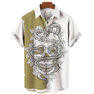 Men's Short-sleeve Lapel Shirt 3D Digital Skull Printed Shirt Phosgene