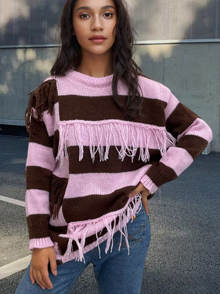 Contrast Color Tassel Sweater Sweater Striped European And American Top - Phosgene