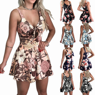 Bow Lace Printing Loose One-piece Shorts - Phosgene