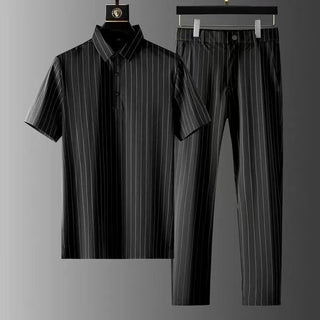 Men's Ice Silk Stripes Casual Short Sleeve Trousers Suit - Phosgene