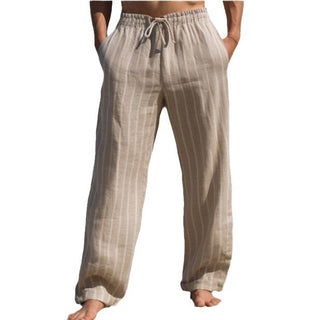 Men's Linen Drawstring Elastic Waist Straight Striped Comfortable Breathable Casual Pants Phosgene