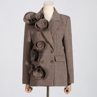 Temperament Commute Style Handmade Three-dimensional Flower Decoration Stitching Double-breasted Women's Suit Jacket - Phosgene