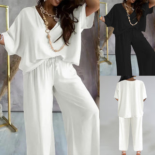 V-neck Batwing Sleeve Loose Wide Leg Pants Suit Women Phosgene