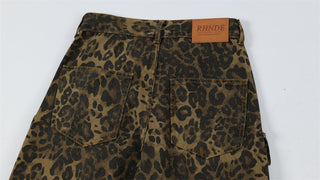 Men's Punk Distressed Pleated Leopard Jeans Phosgene