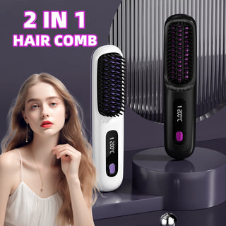 2 In 1 Straight Hair Comb Wireless Hair Straightener Brush Hair Fast Heating Portable Hot Curler USB Charging - Phosgene