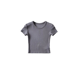 Basic Style Round Neck Tight Stretch Solid Color Short Sleeve T-shirt Top - Phosgene