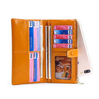 Women's Real Leather Long Multiple Card Slots Hand-held Retro Oil Wax Skin Coin Purse - Phosgene