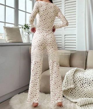 Small Floral Print Lettuce Edge Lace Collar Button Pajamas Suit Phosgene