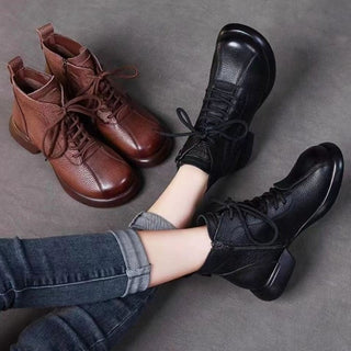 Round Toe Lace-up Platform Ankle Boots - Phosgene