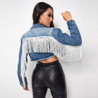 Women's Fashionable Fringed Stitching Distressed Denim Jacket - Phosgene